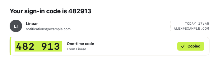 A Linear sign-in email with the code 482 913 pulled out into its own box and the Copy code button showing Copied.