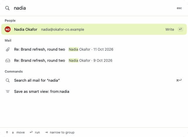 The command palette after typing nadia: one person, two messages from her, and two commands, Search all mail and Save as smart view.