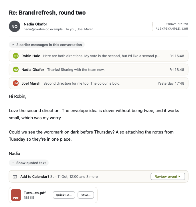 A conversation open in Kuverta: Re: Brand refresh, round two, from Nadia Okafor. Three earlier messages are folded into one line each above her reply, followed by an Add to Calendar suggestion and a PDF attachment.